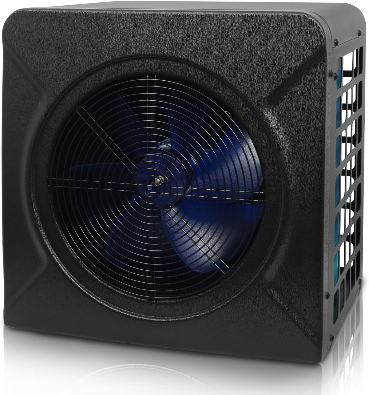 DOEL 17,100 BTU black mini pool heat pump front and side view