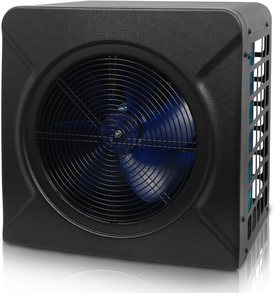 DOEL 17,100 BTU black mini pool heat pump front and side view