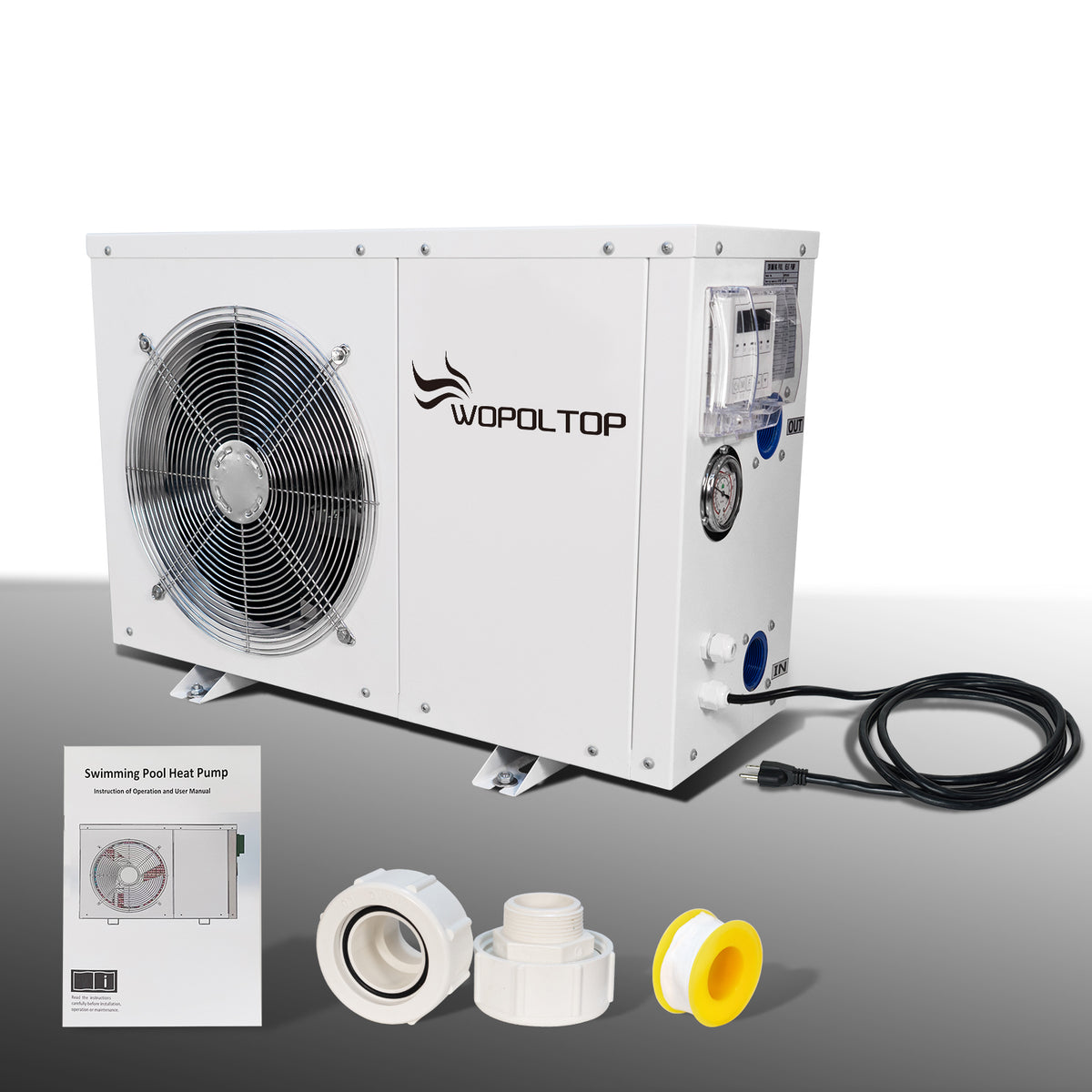 WOPOLTOP 5.6kW pool heat pump with supplied adapters, power cord and manual