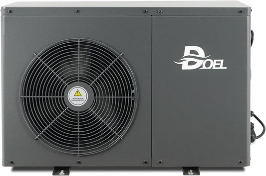DOEL B005 pool heat pump — DOEL brand outdoor pool heat pump unit in dark gray, front view showing a large circular fan with protective grille on the left and white DOEL logo on the right panel. Small warning label visible on fan center.