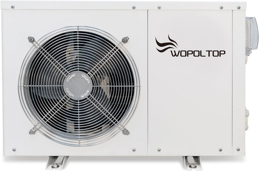 WOPOLTOP W5.6KW pool heat pump — 图中所示为WOPOLTOP热泵机组正面，左侧配有带金属网罩的大型圆形风扇，右侧白色面板上印有WOPOLTOP品牌标识。底部可见小型安装支脚。