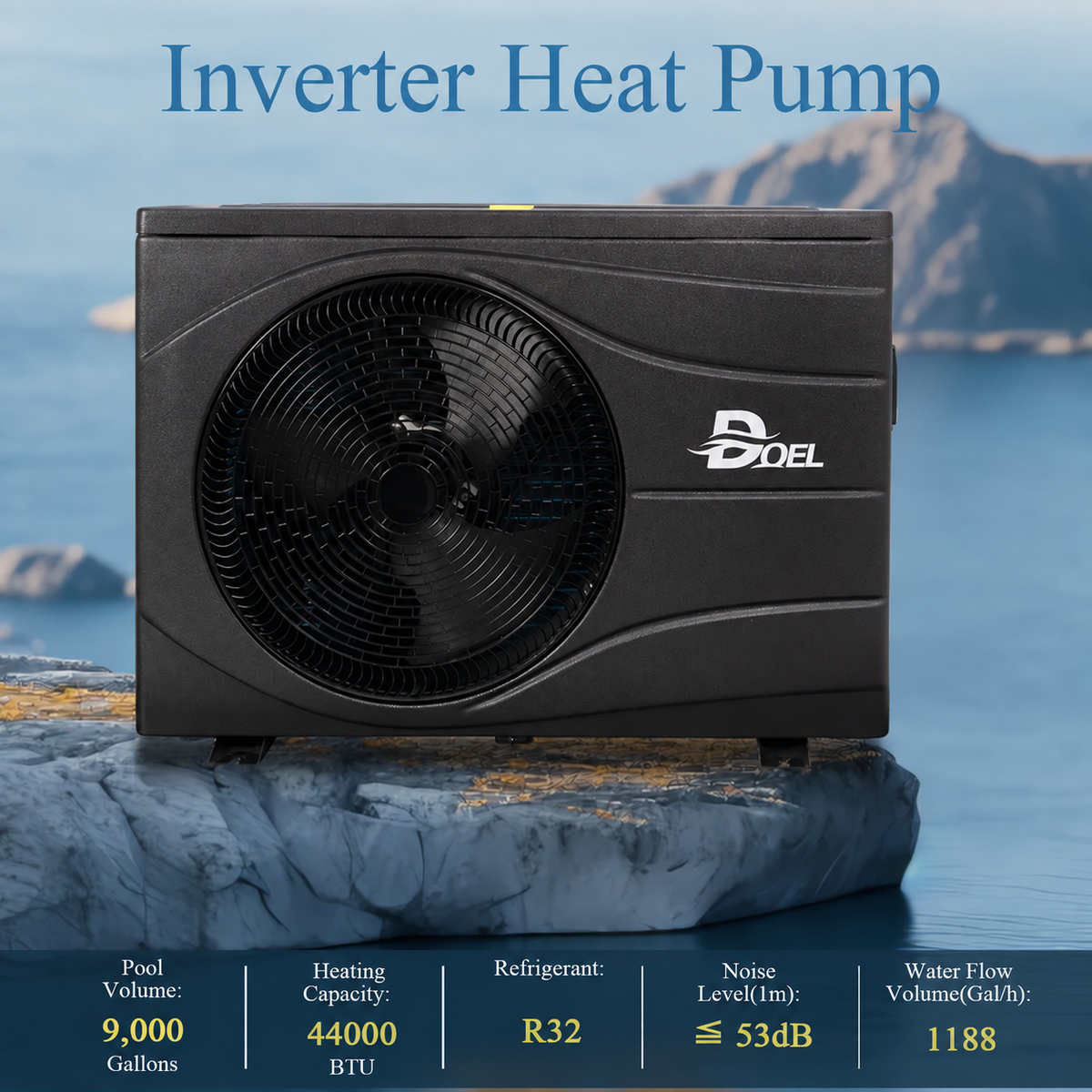 DOEL 13kW inverter pool heat pump - 44,000 BTU and up to 9,000 US gallons